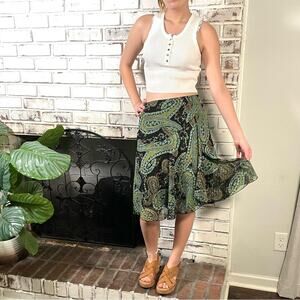 Vintage 90s Wrapper Green Brown Metallic Paisley Flowy Low Rise Mini Skirt